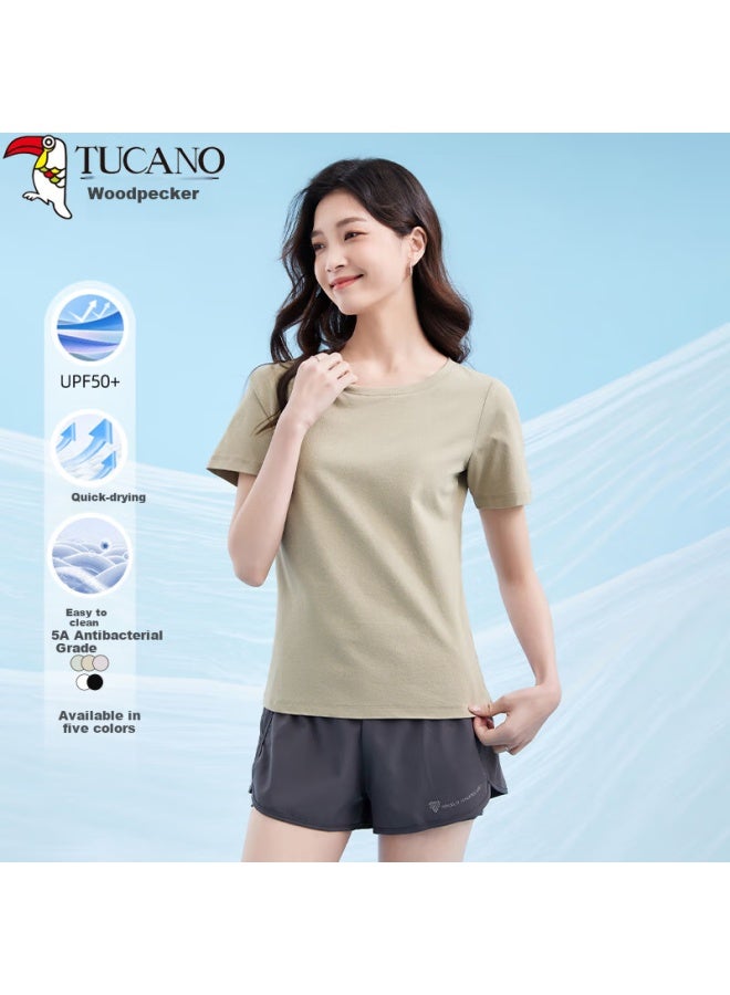 WOODPECKER Wood Outdoor Short-sleeve T-shirt For Women, Summer Quick-dry Antibacterial Ice Silk Breathable Round Neck Sports Running Fitness Half-sleeve, Green, S - Image 1