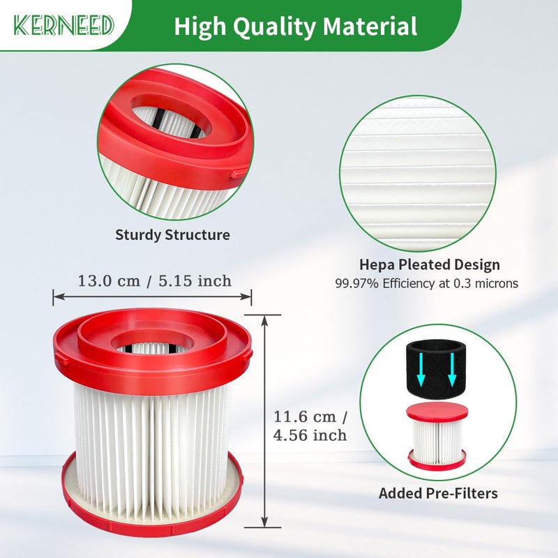 Kerneed 4 Pack 49-90-1900 HEPA Filter Compatible with Milwaukee Cordless M18 Vacuum 0780-20 0880-20, with 8 Foam Sleeve Filters & 1 Brush - Image 4