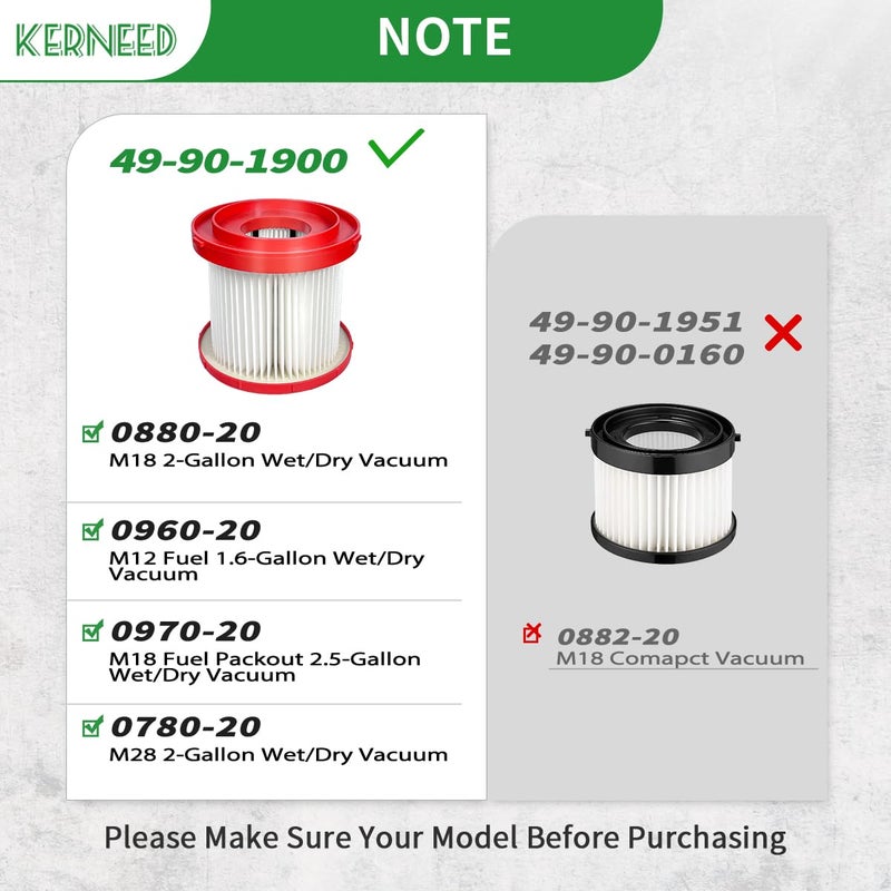 Kerneed 4 Pack 49-90-1900 HEPA Filter Compatible with Milwaukee Cordless M18 Vacuum 0780-20 0880-20, with 8 Foam Sleeve Filters & 1 Brush - Image 3