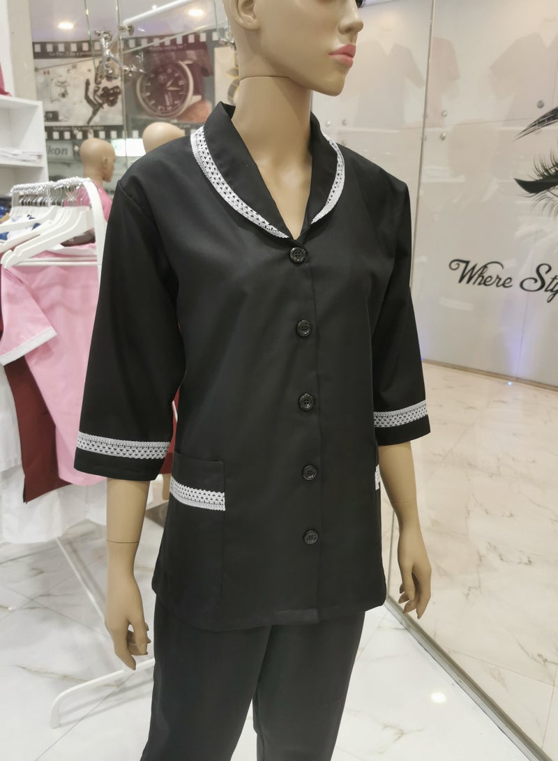 Rannah's Uniform Domestic Helper Uniform Elegant Kolcha Design Black House Maid Uniform Set Top and Pants - Image 2