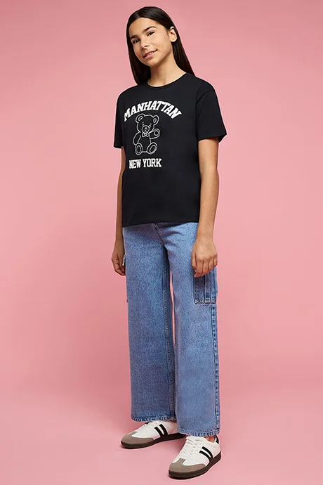 أر أند بي Washed Wide Leg Cargo Jeans with Button Closure