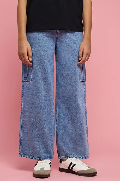 أر أند بي Washed Wide Leg Cargo Jeans with Button Closure