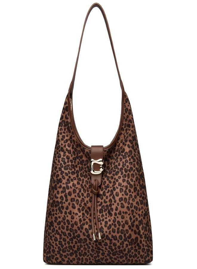 MYHOZEE Suede Hobo Bags for Women Large Slouchy Shoulder Purse Soft Faux Suede Tote Bag with Zipper & Tassel for Work Travel College, Coffee Brown Leopard Print - Image 1
