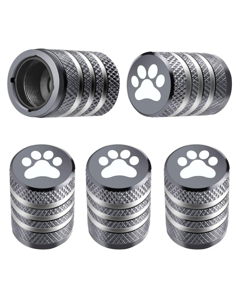 Tire Valve Stem Cap Cover - (5 Pack) Tire Air Caps Metal with Plastic Liner Corrosion Resistant Leak-Proof Paw Print for Car Truck Motorcycle Bike Grey