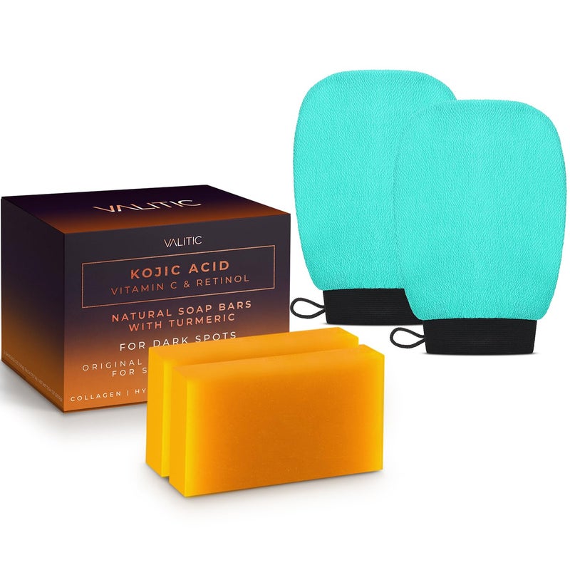 VALITIC 2 Pack Kojic Acid Vitamin C  Retinol Soap Bars for Dark Spot  A Pair of Turquoise Exfoliating Gloves for Body Scrubs