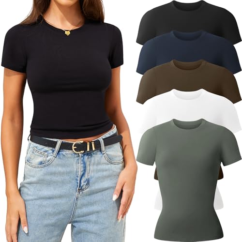 CE' CERDR 3/5 Pack Womens T Shirts Crew Neck Short Sleeve Shirts for Women Casual Basic Fitted Stretchy Tee Tops - Image 1
