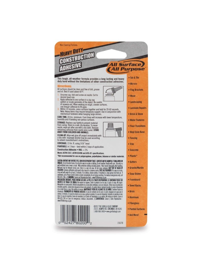 Gorilla Heavy Duty Construction Adhesive 2.5 Ounce Squeeze Tube White 1 Pack 8020001 - Image 2