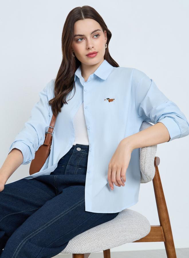 Styli Light Blue Embroidered Long Sleeve Oversized Shirt - Image 1