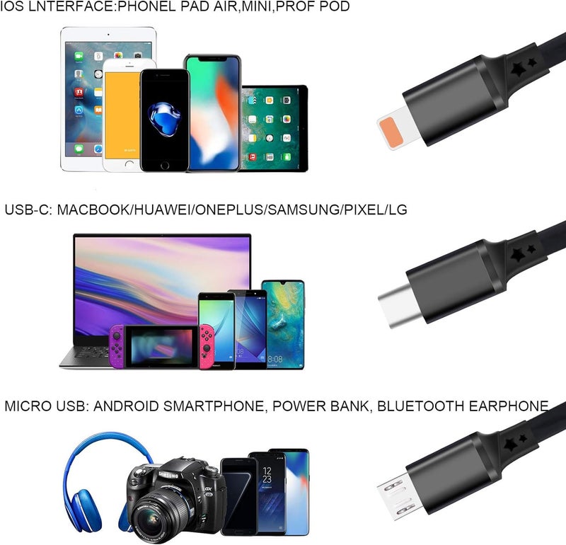[تم التحديث 2024] حزمة من 3 كابلات شحن متعددة قابلة للسحب، كابل شحن USB 3 في 1 مع منفذ USB C/Micro USB/هاتف، طول 3.3 قدم، كابل شحن لهاتف 15 14 13 12 11 XS XR X 8 7، جالاكسي (أسود) - Image 4
