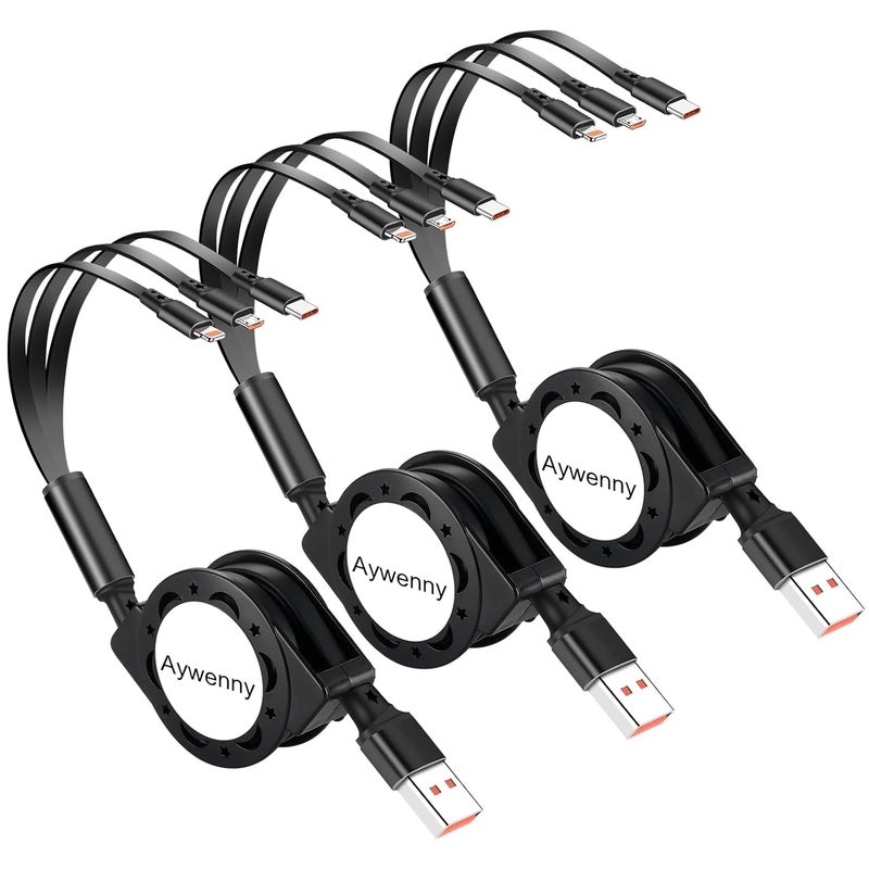 [تم التحديث 2024] حزمة من 3 كابلات شحن متعددة قابلة للسحب، كابل شحن USB 3 في 1 مع منفذ USB C/Micro USB/هاتف، طول 3.3 قدم، كابل شحن لهاتف 15 14 13 12 11 XS XR X 8 7، جالاكسي (أسود) - Image 1