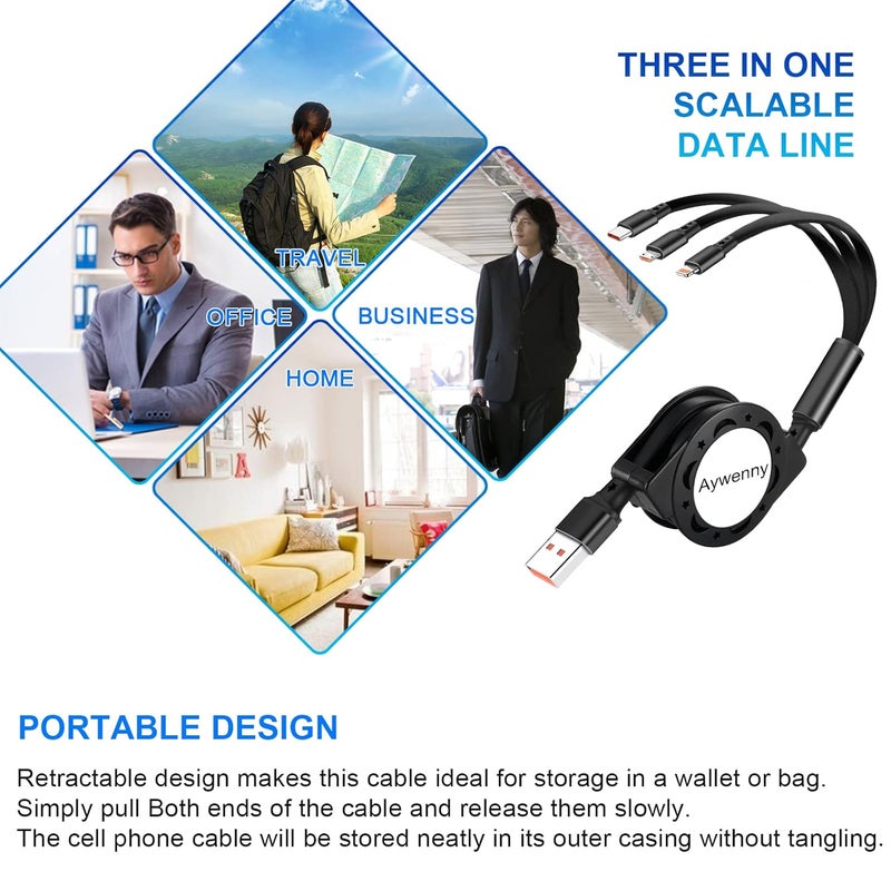 [تم التحديث 2024] حزمة من 3 كابلات شحن متعددة قابلة للسحب، كابل شحن USB 3 في 1 مع منفذ USB C/Micro USB/هاتف، طول 3.3 قدم، كابل شحن لهاتف 15 14 13 12 11 XS XR X 8 7، جالاكسي (أسود) - Image 2