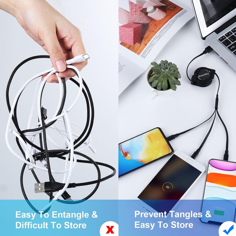 [تم التحديث 2024] حزمة من 3 كابلات شحن متعددة قابلة للسحب، كابل شحن USB 3 في 1 مع منفذ USB C/Micro USB/هاتف، طول 3.3 قدم، كابل شحن لهاتف 15 14 13 12 11 XS XR X 8 7، جالاكسي (أسود) - Image 5
