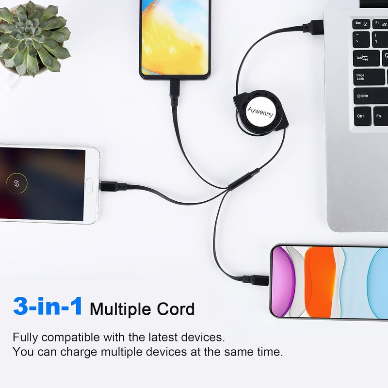 [تم التحديث 2024] حزمة من 3 كابلات شحن متعددة قابلة للسحب، كابل شحن USB 3 في 1 مع منفذ USB C/Micro USB/هاتف، طول 3.3 قدم، كابل شحن لهاتف 15 14 13 12 11 XS XR X 8 7، جالاكسي (أسود) - Image 3