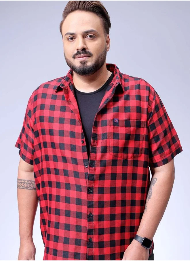 هاردسودا Men Plus Size Regular Fit Checkered Cutaway Collar Half Sleeves Casual Shirt