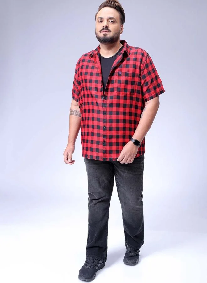 هاردسودا Men Plus Size Regular Fit Checkered Cutaway Collar Half Sleeves Casual Shirt