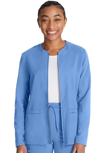 Cherokee Women Zip Scrub Jacket with 2 Pockets and Shirttail Hem Knit Sleeve CK356A, L, Ciel - Image 2