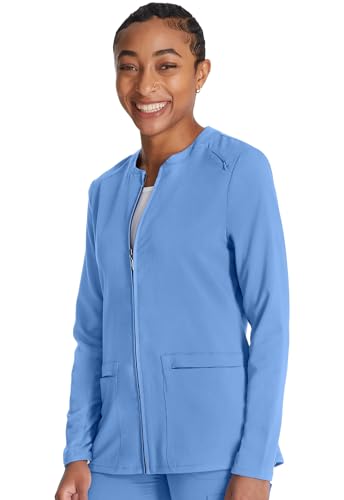 Cherokee Women Zip Scrub Jacket with 2 Pockets and Shirttail Hem Knit Sleeve CK356A, L, Ciel - Image 4