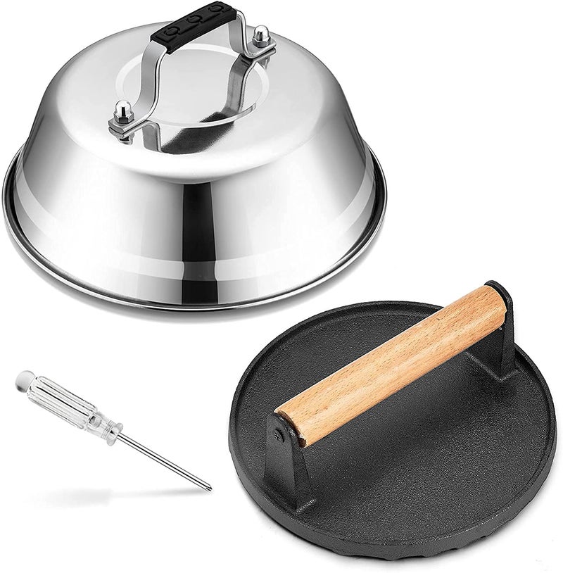 HaSteeL Melting Dome & Grill Press for Griddle, Stainless Steel 9In Basting Cover & Heavy Duty 7In Wooden Burger Press, Griddle Accessories Kit Great for Flat Top Teppanyaki Cast Iron Indoor Outdoor - Image 1