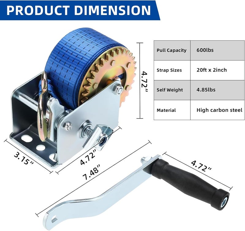 BTSHUB 600lbs Hand Winch with Polyester Strap and Hook for ATV Boat Trailer - Image 2