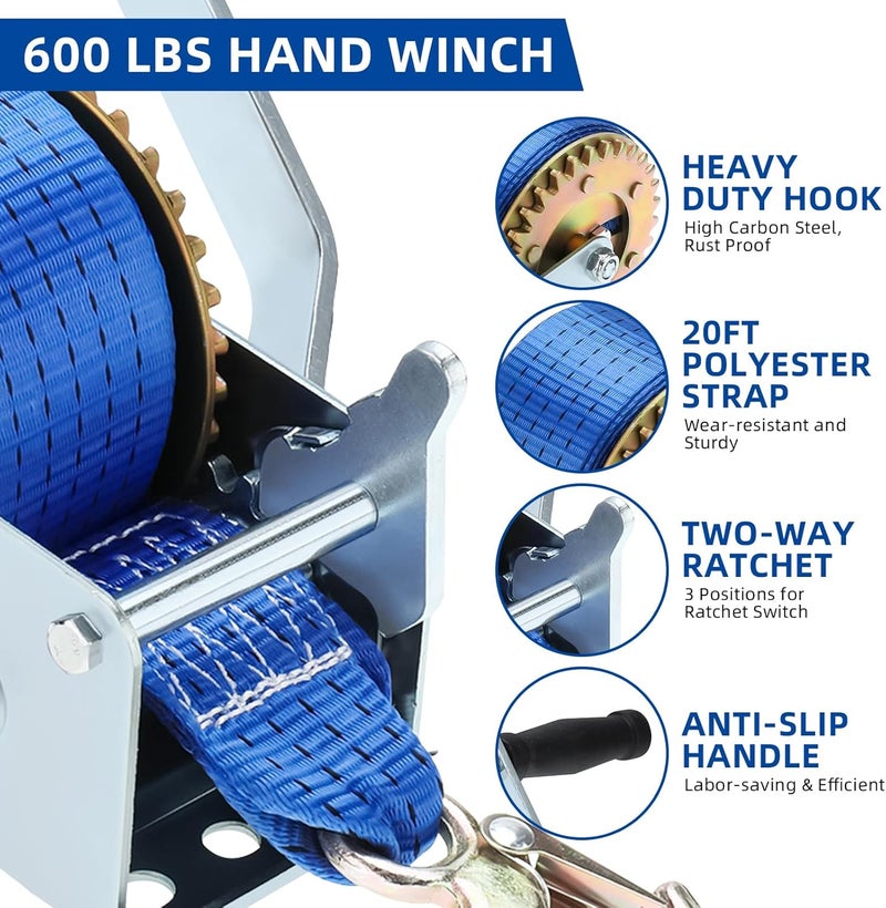 BTSHUB 600lbs Hand Winch with Polyester Strap and Hook for ATV Boat Trailer - Image 3