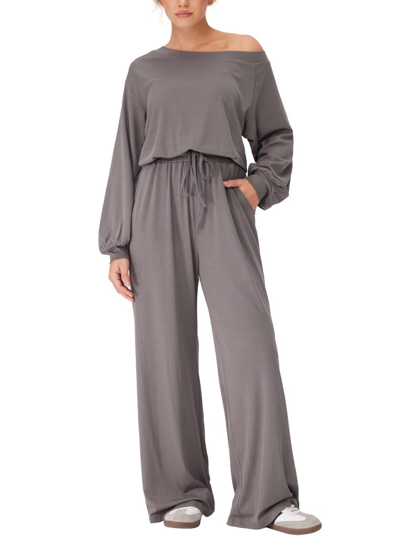 CIDER Women's Casual Jumpsuits with Pockets Asymmetrical Neck Drawstring long Sleeve Off Shoulder Lounge Outfits Pajama - Image 2