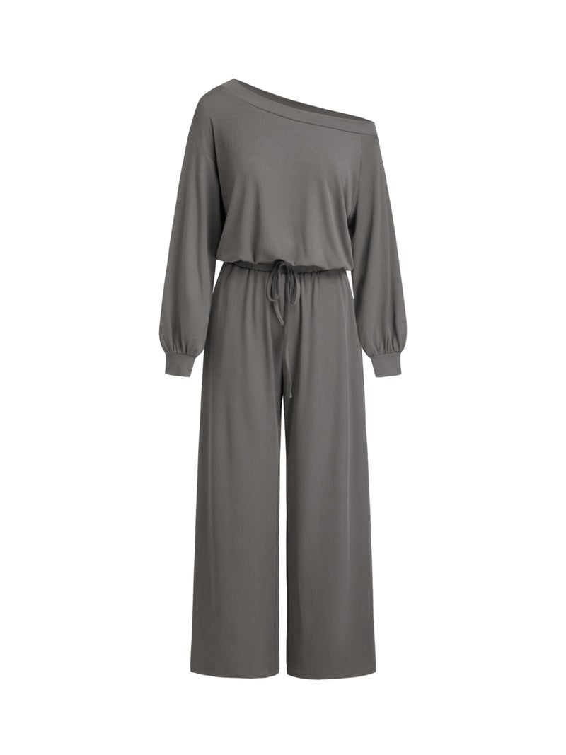 CIDER Women's Casual Jumpsuits with Pockets Asymmetrical Neck Drawstring long Sleeve Off Shoulder Lounge Outfits Pajama - Image 1