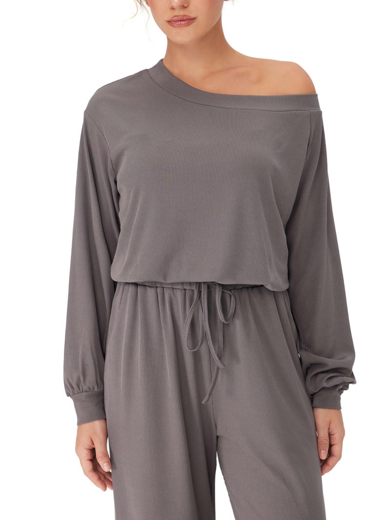 CIDER Women's Casual Jumpsuits with Pockets Asymmetrical Neck Drawstring long Sleeve Off Shoulder Lounge Outfits Pajama - Image 4