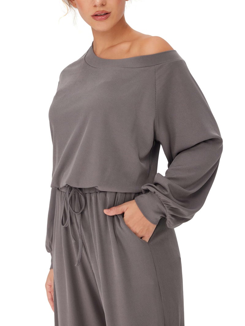 CIDER Women's Casual Jumpsuits with Pockets Asymmetrical Neck Drawstring long Sleeve Off Shoulder Lounge Outfits Pajama - Image 3