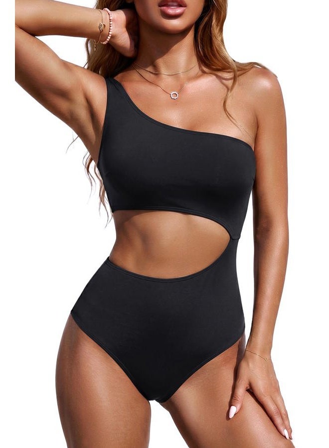 Yonique Women's One Piece Swimsuit- One Shoulder Bathing Suit Cutout Tummy Control Swimwear, Black, M - Image 1