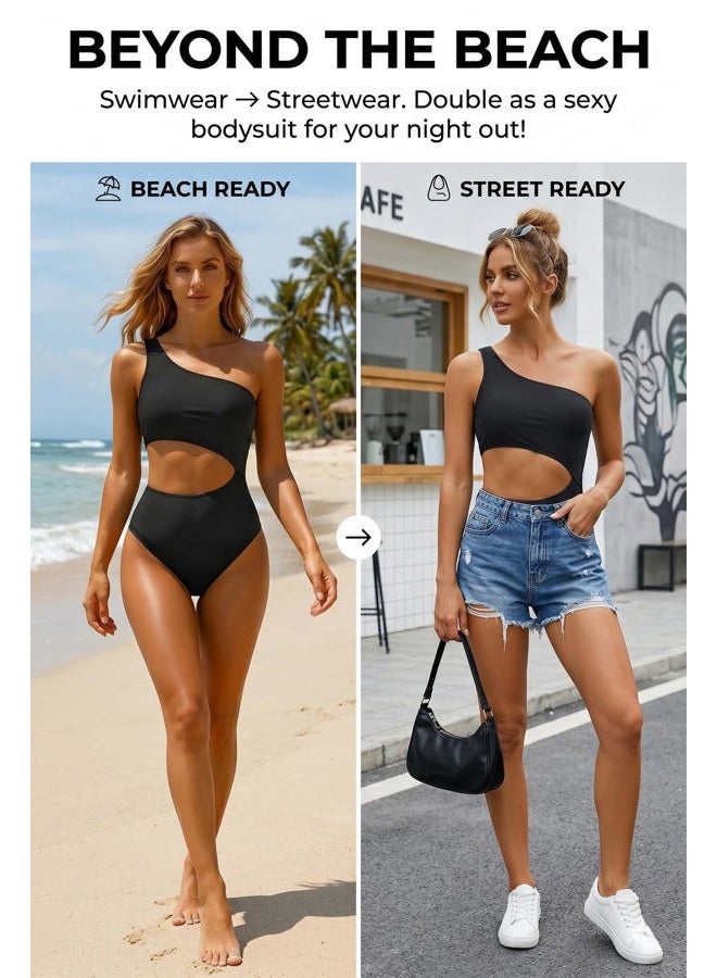 Yonique Women's One Piece Swimsuit- One Shoulder Bathing Suit Cutout Tummy Control Swimwear, Black, M - Image 5
