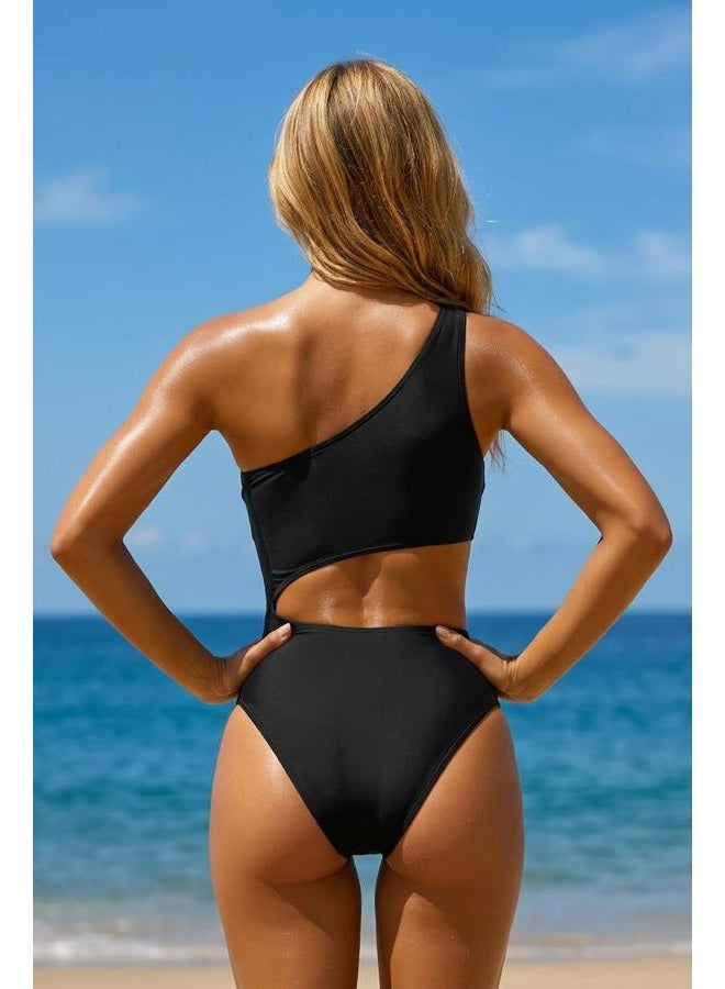 Yonique Women's One Piece Swimsuit- One Shoulder Bathing Suit Cutout Tummy Control Swimwear, Black, M - Image 3