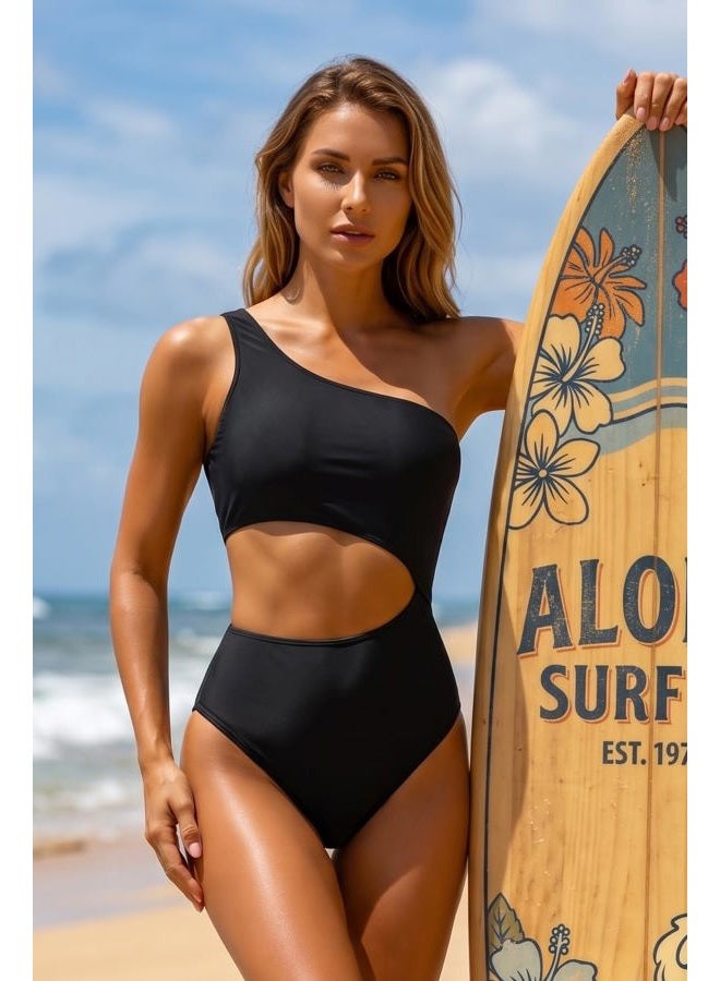 Yonique Women's One Piece Swimsuit- One Shoulder Bathing Suit Cutout Tummy Control Swimwear, Black, M - Image 2