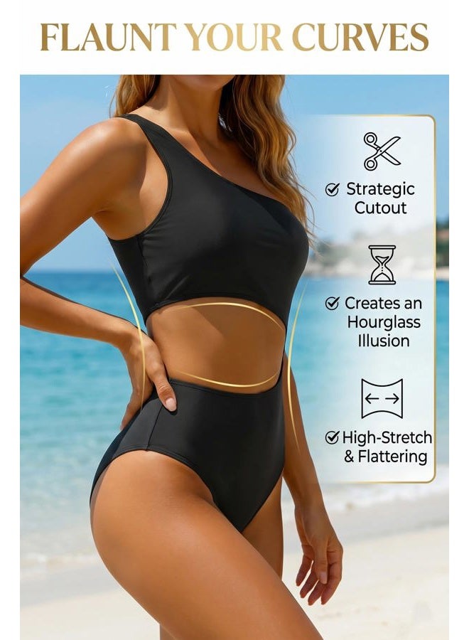 Yonique Women's One Piece Swimsuit- One Shoulder Bathing Suit Cutout Tummy Control Swimwear, Black, M - Image 4