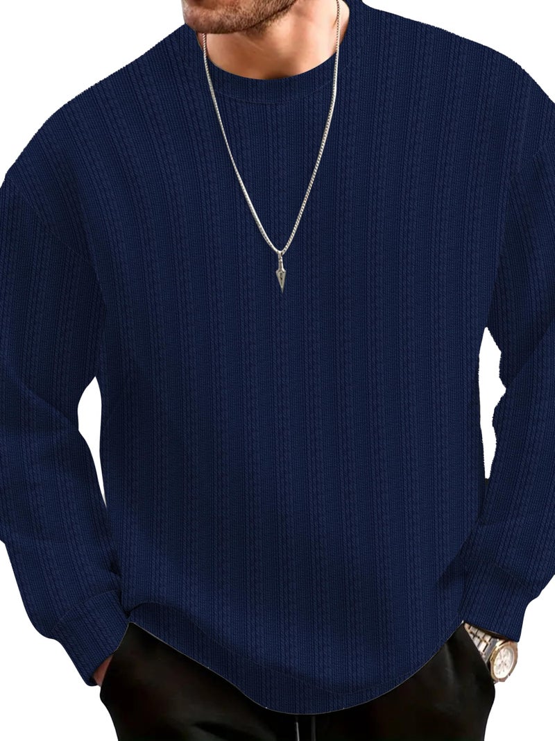 KAJARU Men's Ribbed Crewneck Full Sleeve T-Shirt, Available in Black, Navy Blue, Brown (in, Alpha, XL, Regular, Blue) - Image 1