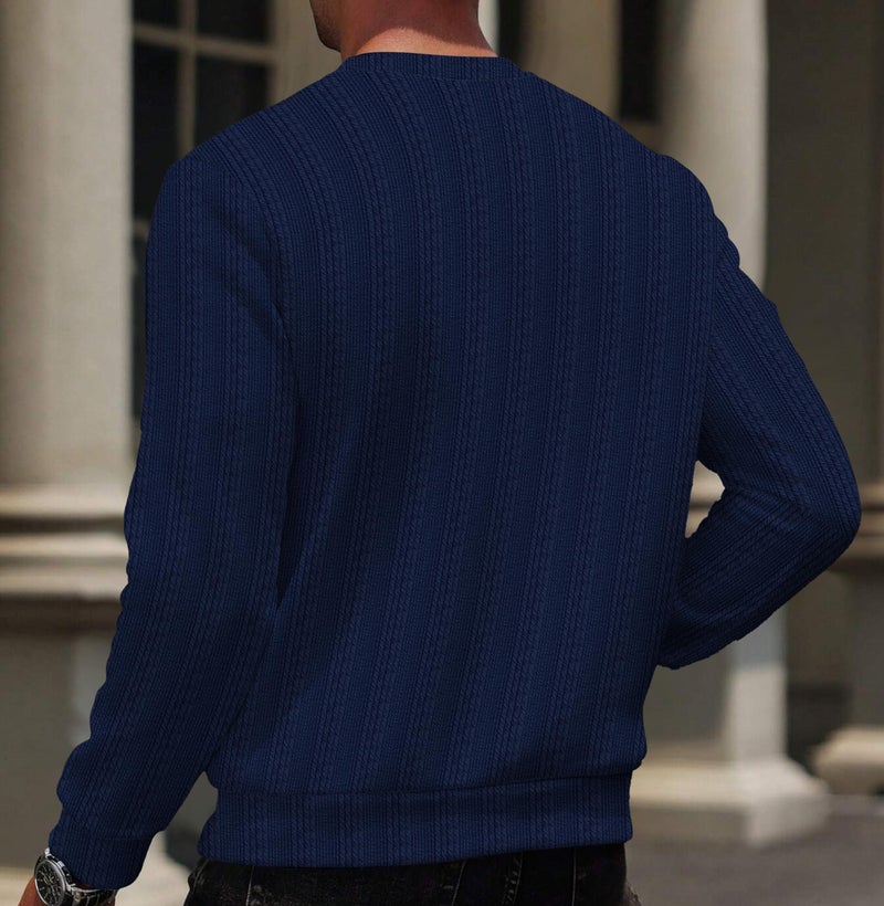 KAJARU Men's Ribbed Crewneck Full Sleeve T-Shirt, Available in Black, Navy Blue, Brown (in, Alpha, XL, Regular, Blue) - Image 3