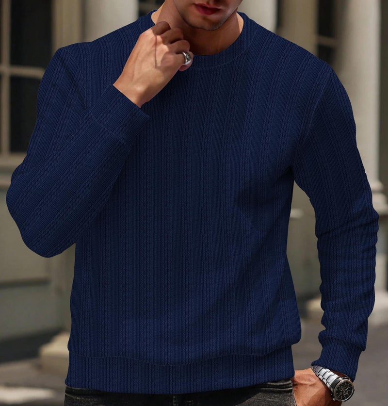 KAJARU Men's Ribbed Crewneck Full Sleeve T-Shirt, Available in Black, Navy Blue, Brown (in, Alpha, XL, Regular, Blue) - Image 5