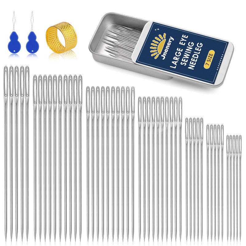 JNENERY 50 Pcs Large Eye Sewing Needles  7 Size Sewing Needles For Handsewing  Leather Embroidery Thread Sharp Needle  Stainless Steel Yarn Knitting Needle With Threader  Thimble For Repair  Quilting - Image 1