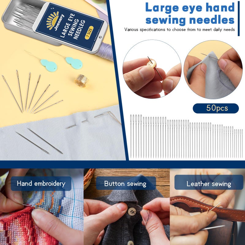 JNENERY 50 Pcs Large Eye Sewing Needles  7 Size Sewing Needles For Handsewing  Leather Embroidery Thread Sharp Needle  Stainless Steel Yarn Knitting Needle With Threader  Thimble For Repair  Quilting - Image 5