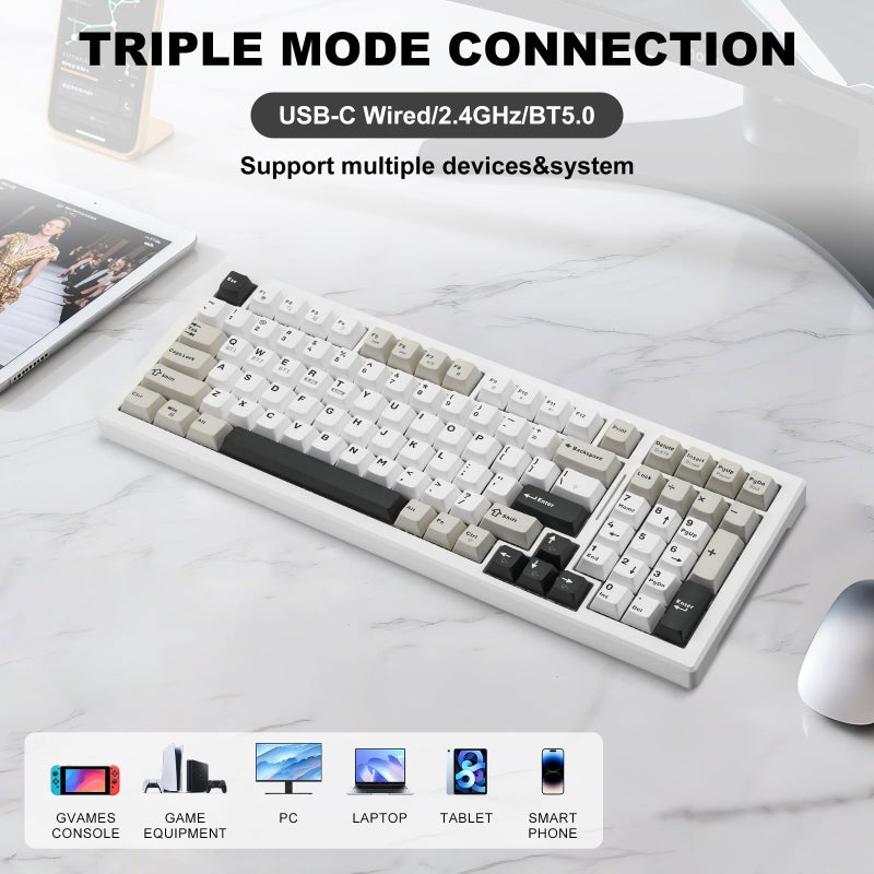 Gaozen Wireless Game Mechanical Keyboard BT5.0/2.4GHz/USB, Multi-Color LED with 18+ Modes, Hot-Swappable Custom Keyboard, Red Creamy Switches, Gaming Keyboard for PC/Mac (Black White) - Image 2