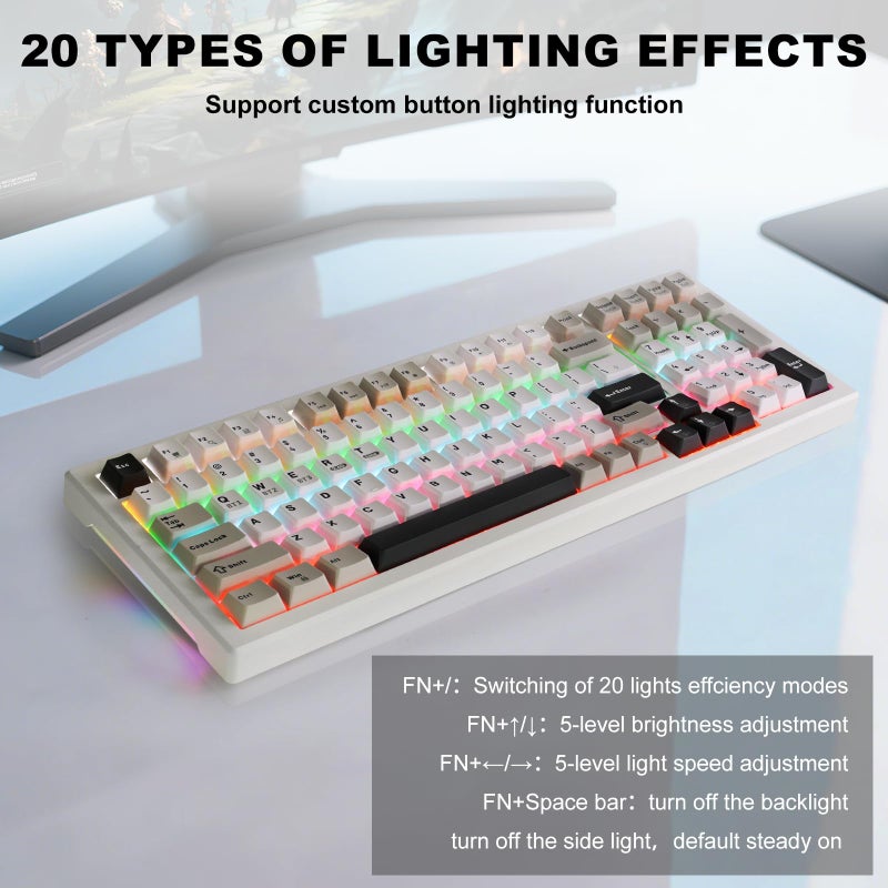 Gaozen Wireless Game Mechanical Keyboard BT5.0/2.4GHz/USB, Multi-Color LED with 18+ Modes, Hot-Swappable Custom Keyboard, Red Creamy Switches, Gaming Keyboard for PC/Mac (Black White) - Image 3