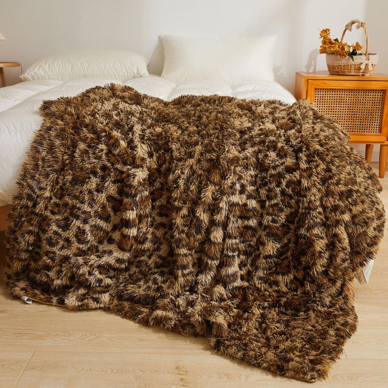 XeGe Luxury Faux Fur Leopard Print Blanket, Soft Cheetah Patterned Fluffy Bed Blanket, Shaggy Plush Decorative Couch Throw, Cute Furry Animal Print Fuzzy Throw for Sofa Bed Couch, Brown, 60x90 - Image 1