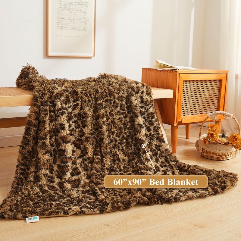 XeGe Luxury Faux Fur Leopard Print Blanket, Soft Cheetah Patterned Fluffy Bed Blanket, Shaggy Plush Decorative Couch Throw, Cute Furry Animal Print Fuzzy Throw for Sofa Bed Couch, Brown, 60x90 - Image 2