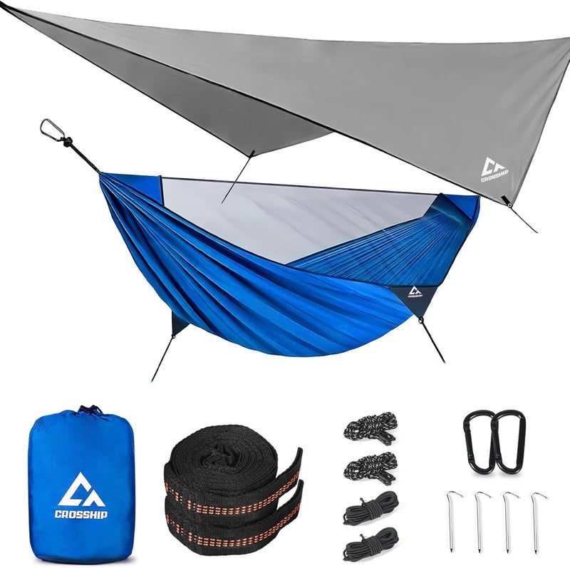 CROSSHIP Camping Hammock with Mosquito Net and Rain Fly Tarp - 2 Person Hammock Tent, Portable Parachute Nylon Hammock for Outdoor, Hiking, Backpacking, Backyard, Beach, Travel (Hold Up to 500lbs) - Image 1