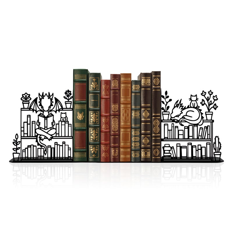 Ecqizer Metal Dragon Reading Book Decorative Bookend 9.1x 4.7 Inches, Unique Dragon Bookends Decorative, Fantasy Dragon Decor,Cute and Fantasy Bookends with Dragon and Cat Lying on The Bookshelf Pattern - Image 1