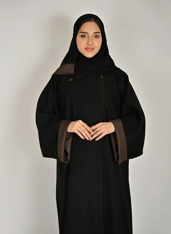 Hawraa Abaya Practical Black Abaya with a Formal Cut and Brown Color Accents