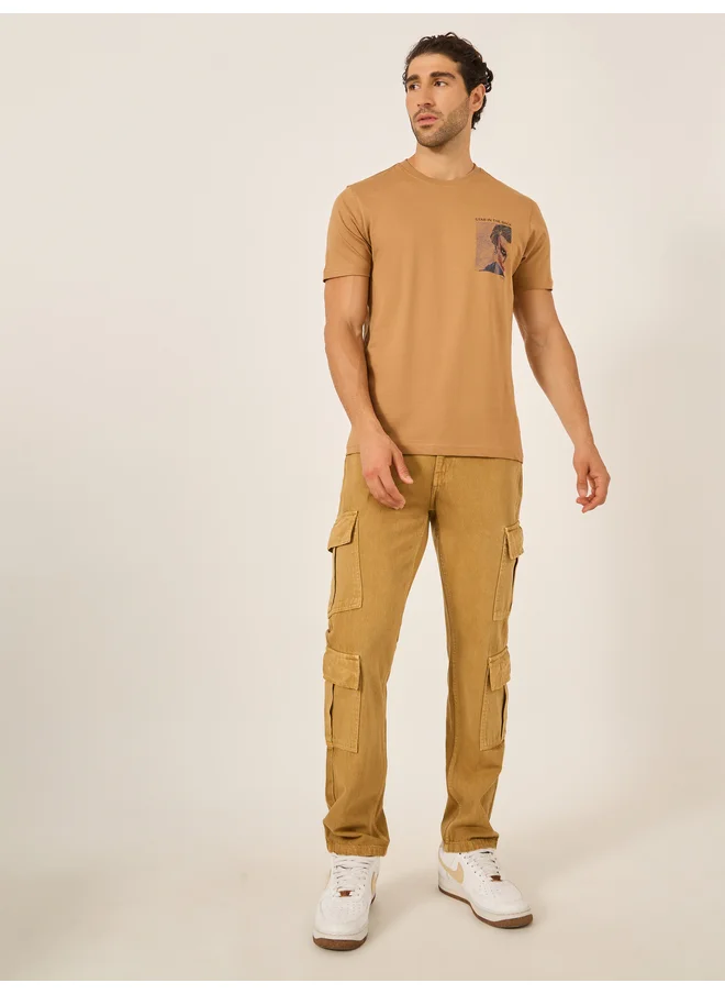 فورت كولينز Fort Collins Men Brown Graphic Printed Crew Neck T-Shirt