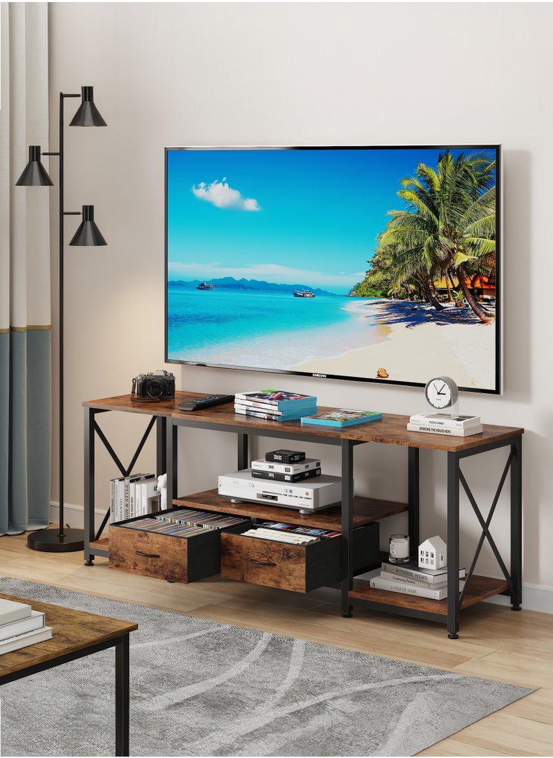 Yanara - TV Stand with Fabric Drawers for 65 70 75 Inches TV - Entertainment Center and Industrial TV Console Table with Open Storage Shelves for Living Room, Bedroom - 160cmx55cmx40cm Rustic Brown - Image 1