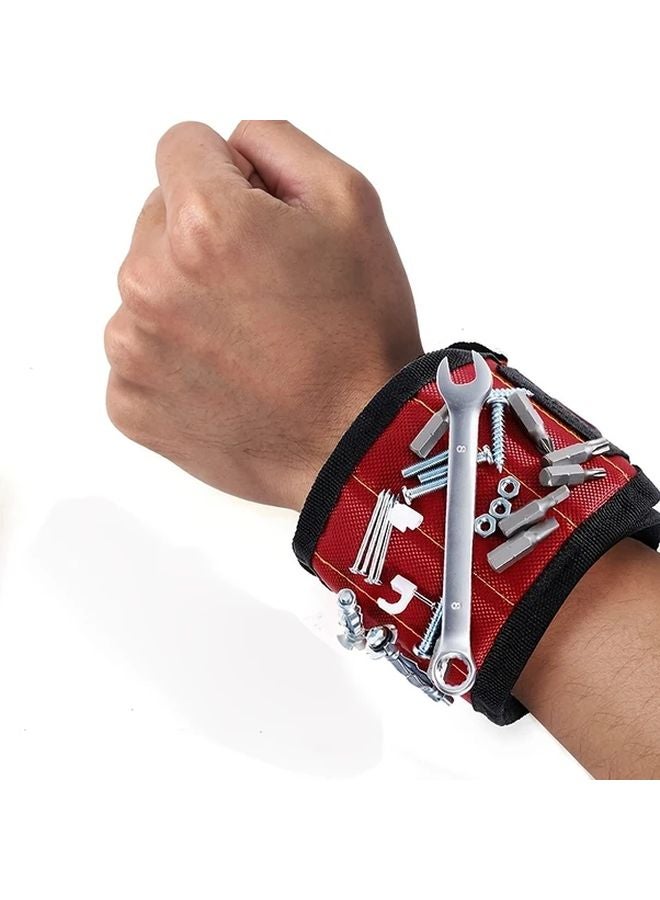 Red Magnetic Wristband Tool Holder 3 Rows 6 Magnets Adjustable Strap Multiple Pockets - Image 1