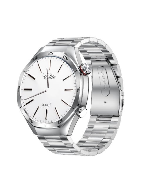 Xcell Elite7 Smartwatch, 1.52" HD Display, Bluetooth Calling, Wireless Charging, Heart-Rate/BP/SpO₂, Multi Language, IP67, 7 Days Battery, iOS/Android Compatible- Silver Frame with Silver Metal Strap