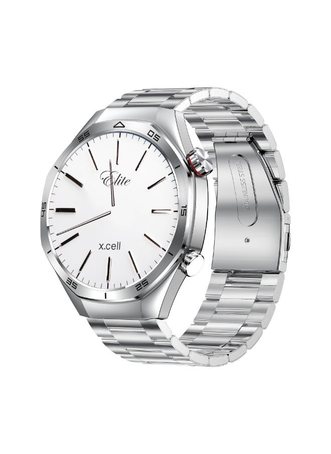 Xcell Xcell Elite7 Smartwatch, 1.52" HD Display, Bluetooth Calling, Wireless Charging, Heart-Rate/BP/SpO₂, Multi Language, IP67, 7 Days Battery, iOS/Android Compatible- Silver Frame with Silver Metal Strap  - Image 1